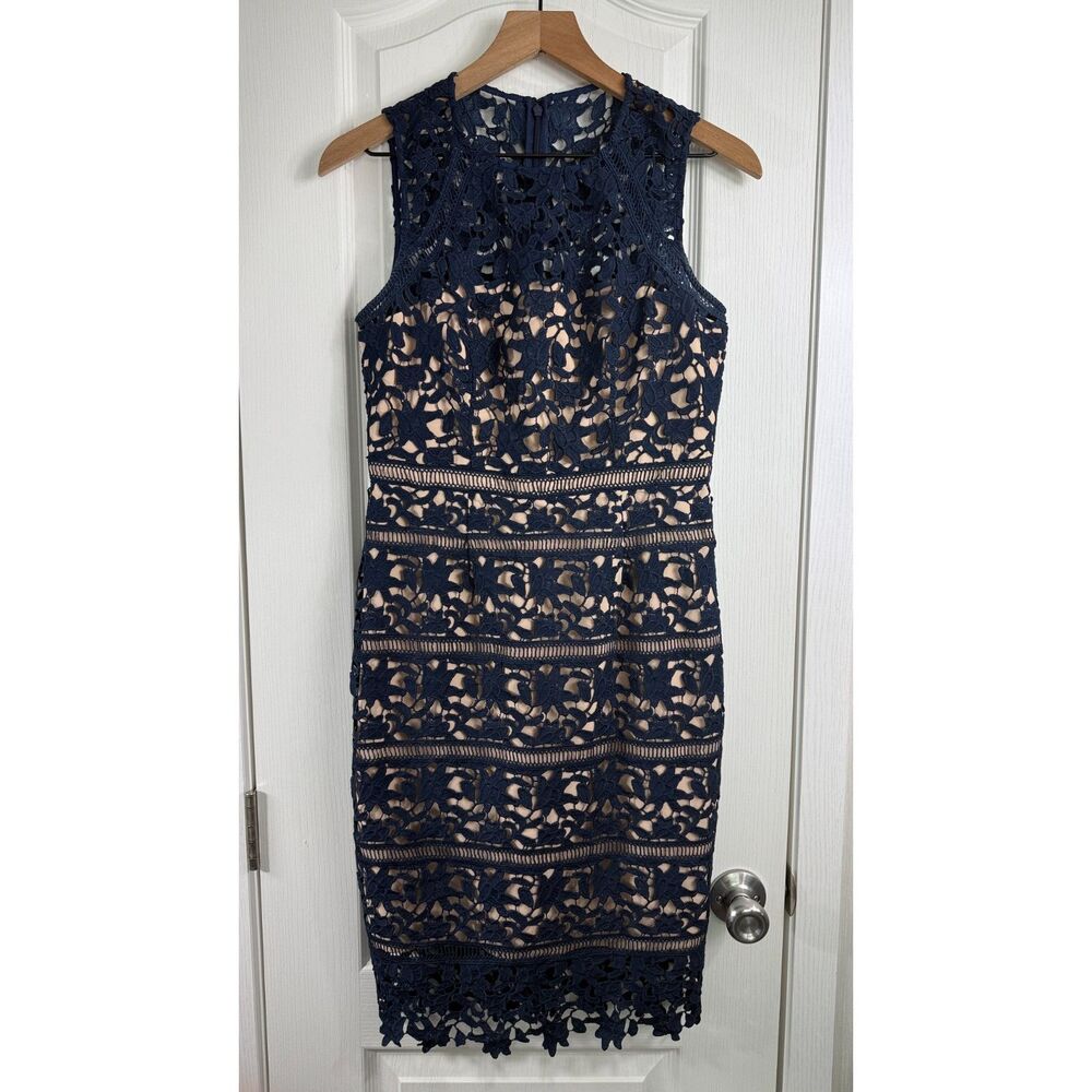 ELIZA J Sleeveless Navy Lace Illusion Nude Underlay Dress Women's 6 P